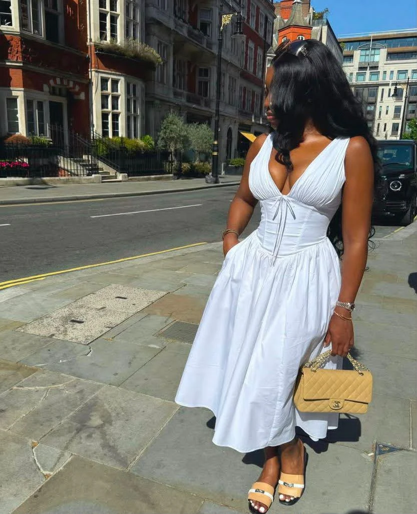 V-Neck Waist Cinching Strap Dress