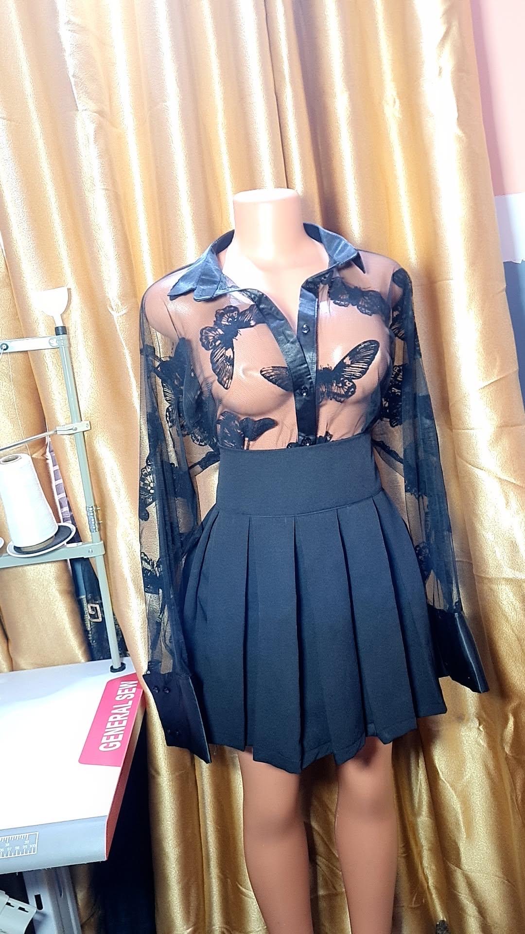 Sheer lace top and pleate...